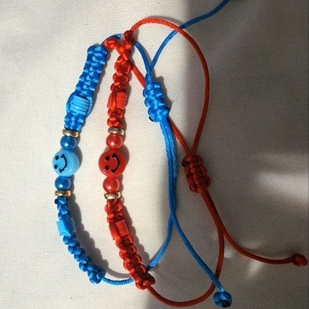 Blue And Red Smiley Face  Bead Stretch Bracelets Set Of 2pc
